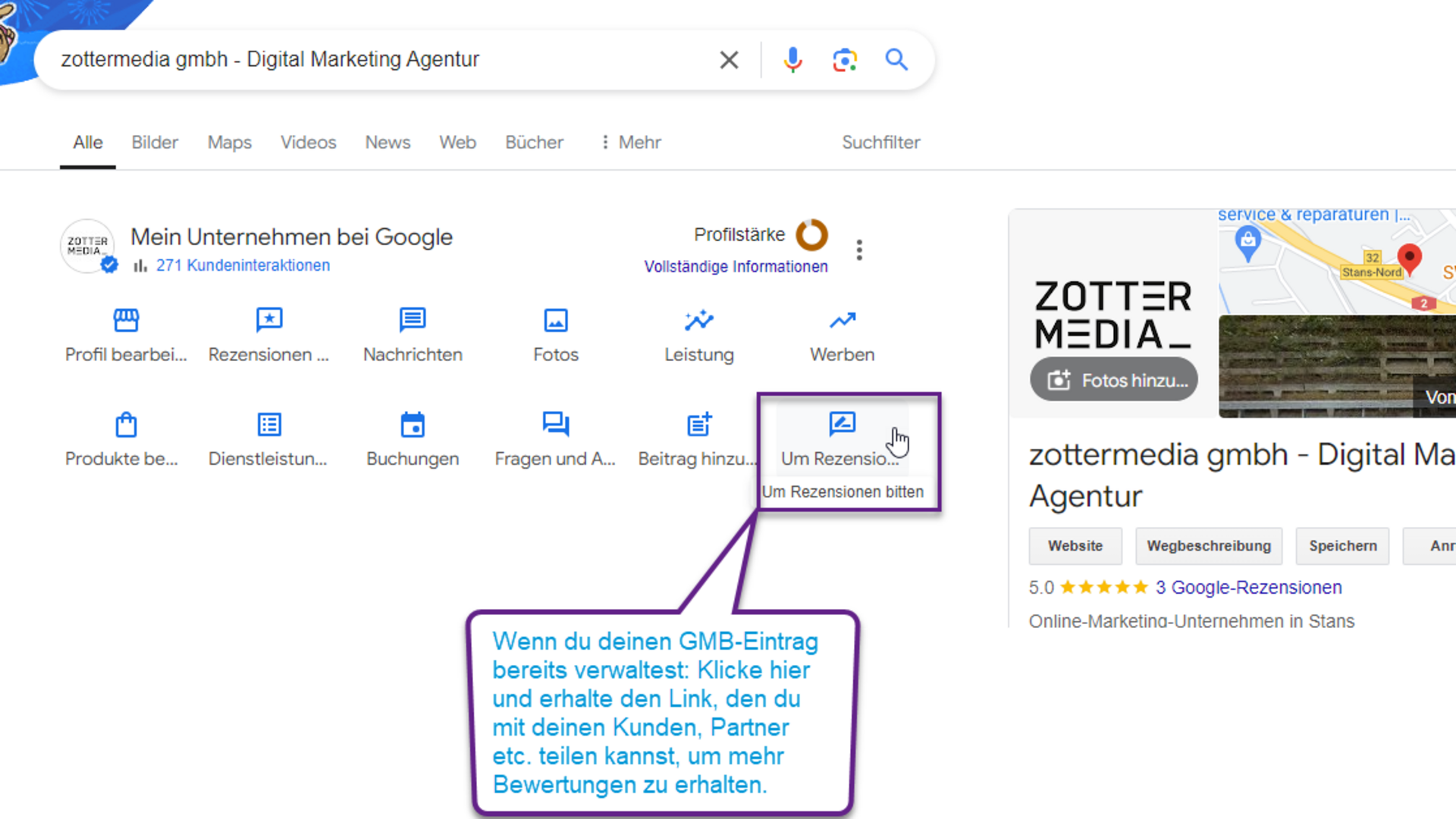 Beispiel: Link finden, um mehr Google My Business Bewertungen zu erhalten